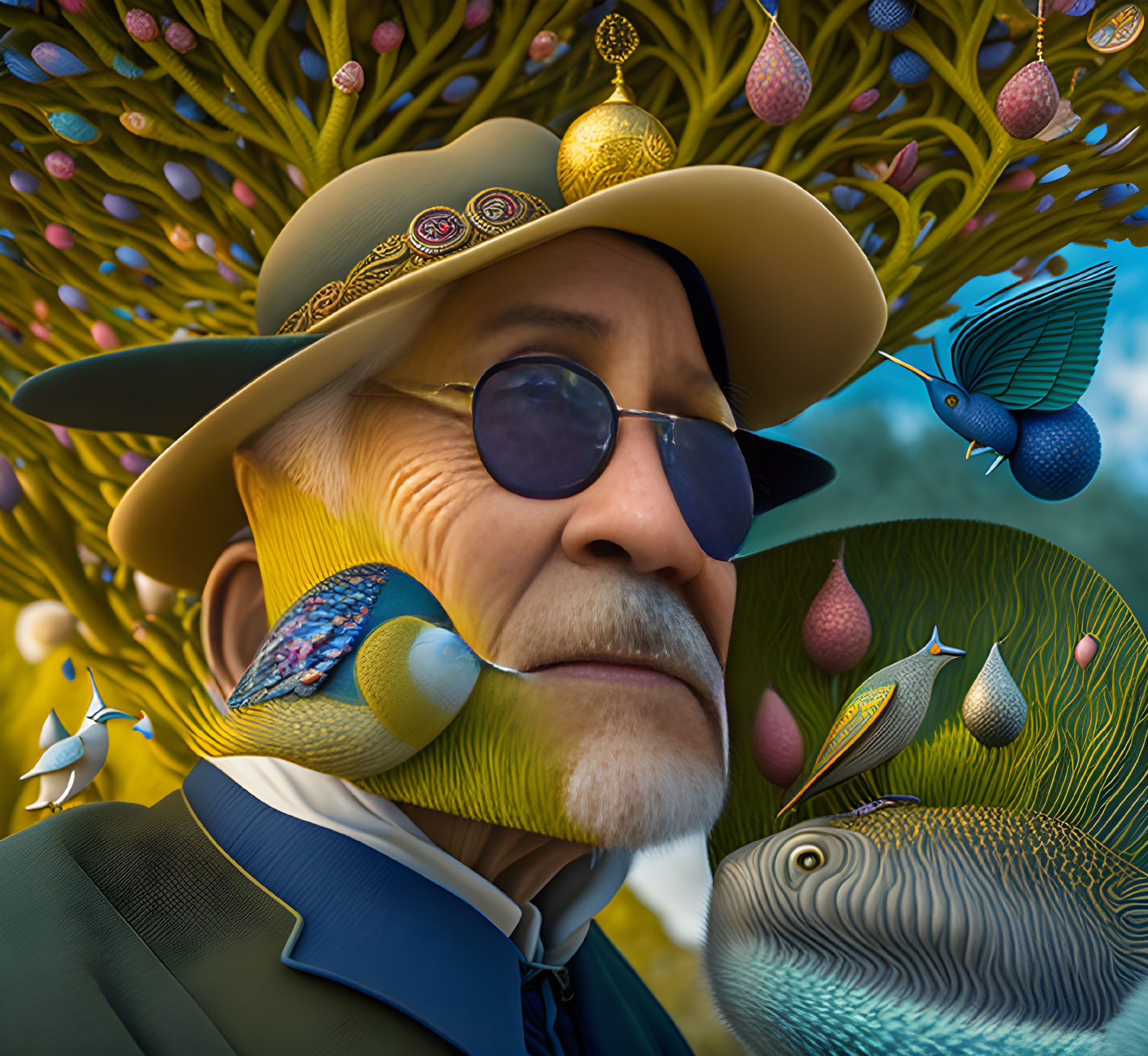 Digitally-rendered whimsical elderly man with tree-like beard and birds and fruits under bright sky