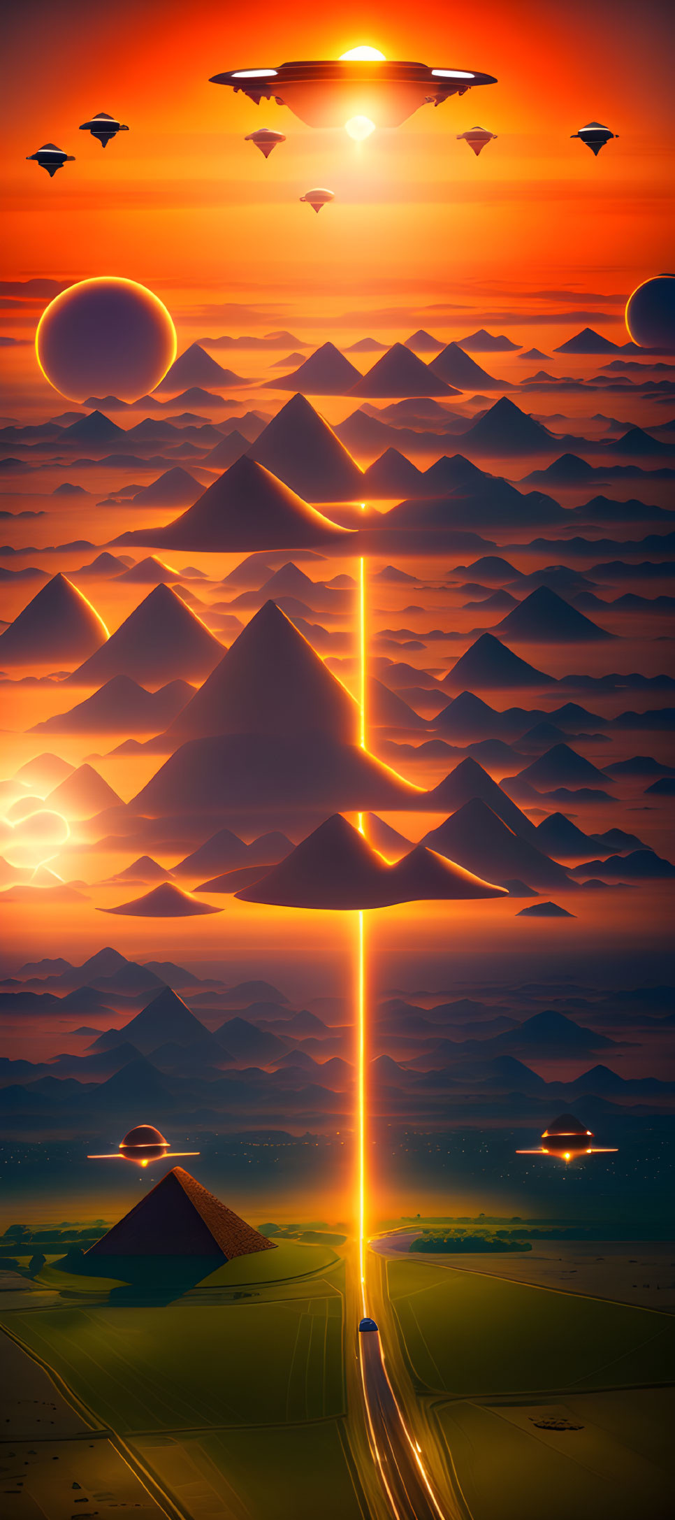 Futuristic landscape with pyramids, mountains, glowing road, and flying vehicles