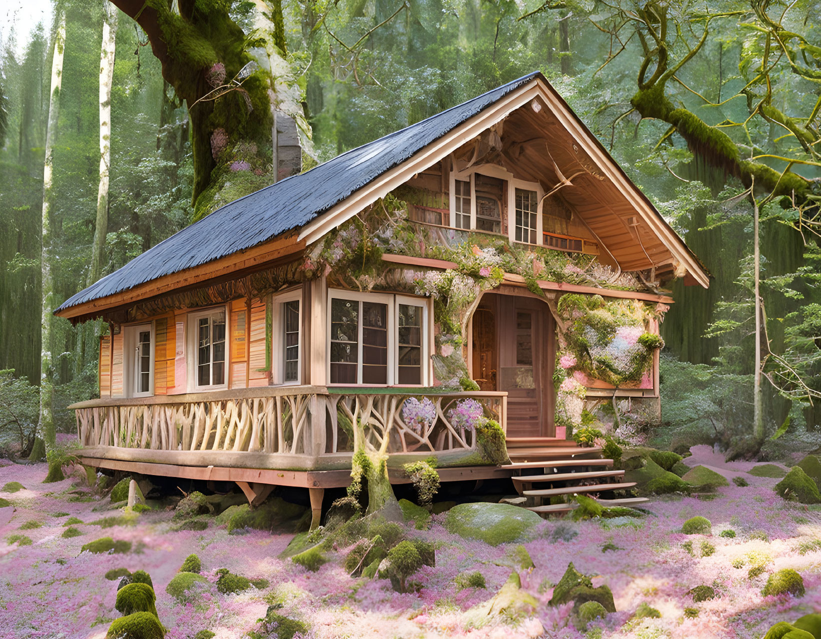 Rustic wooden cabin with pink flowers in mossy forest landscape