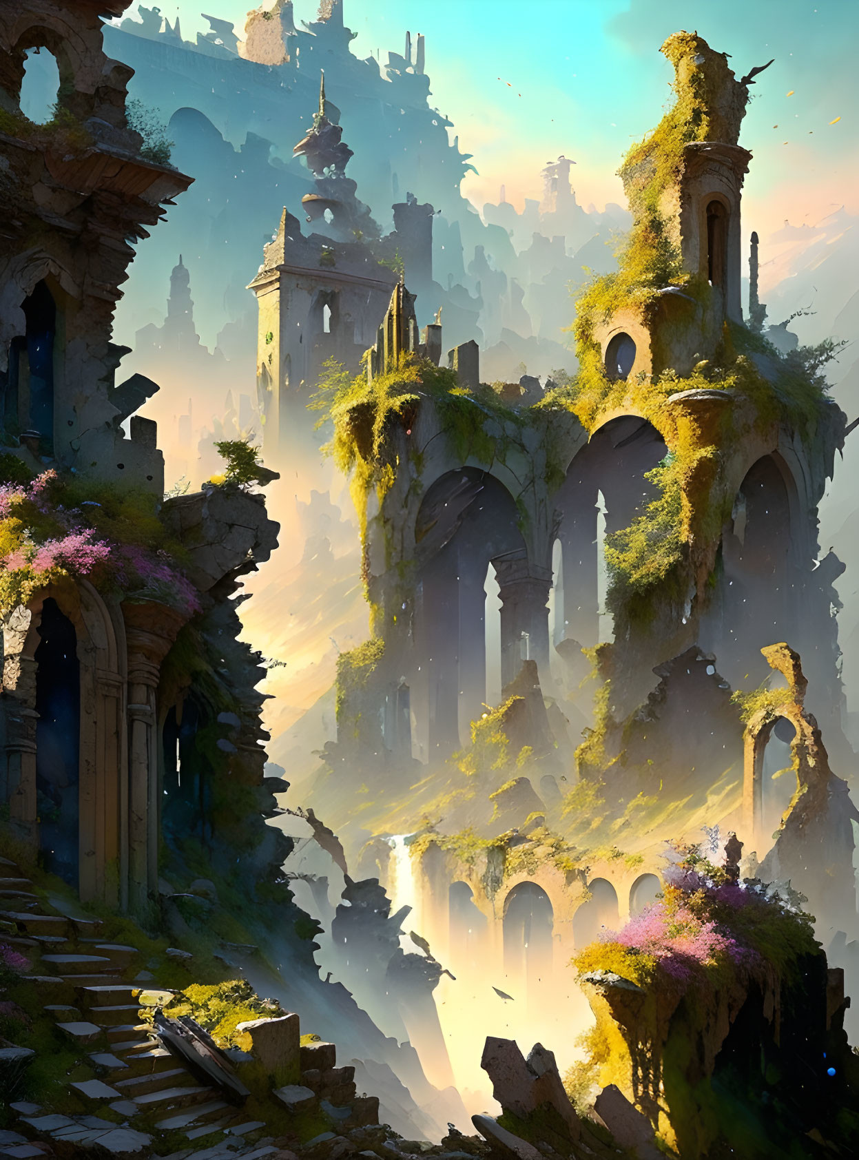 Ancient ruins with overgrown vegetation and misty sunlight.