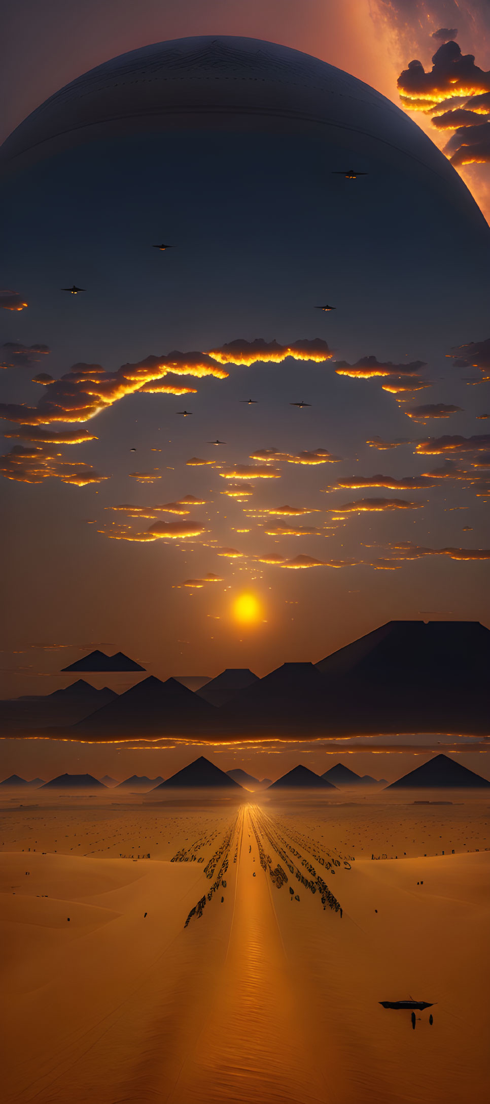 Surreal landscape with oversized moon, sand dunes, reflective path, mountains, and flying objects