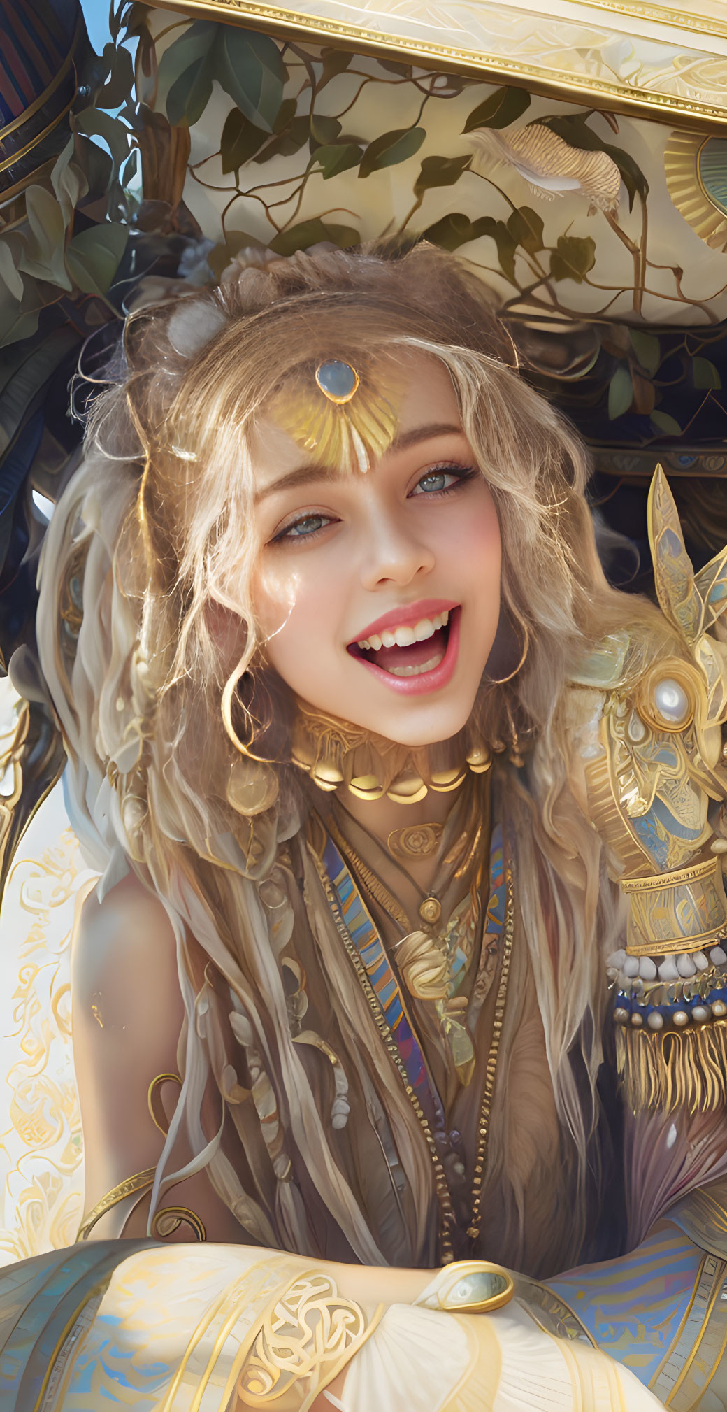 Blonde woman in golden headpiece and armor on ornate background