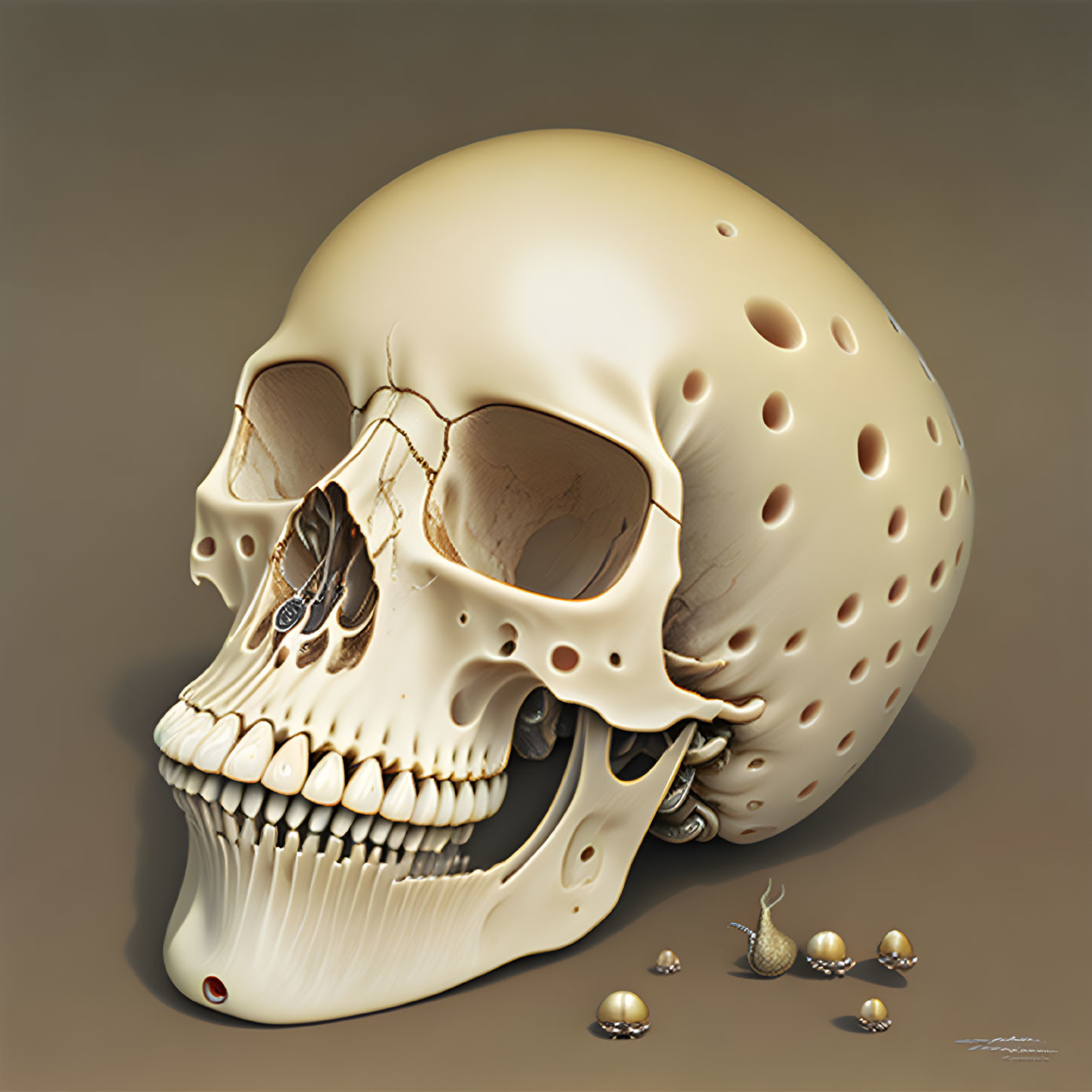 Surreal human skull with circular holes, spheres, and snail on beige background