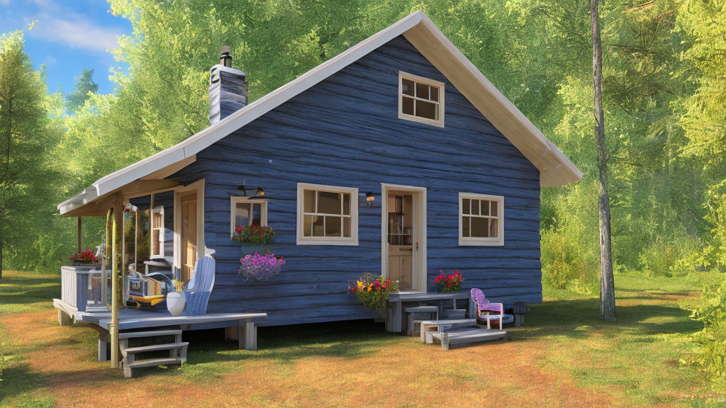 Blue Cottage with Porch Surrounded by Trees and Flowerpots in Forest