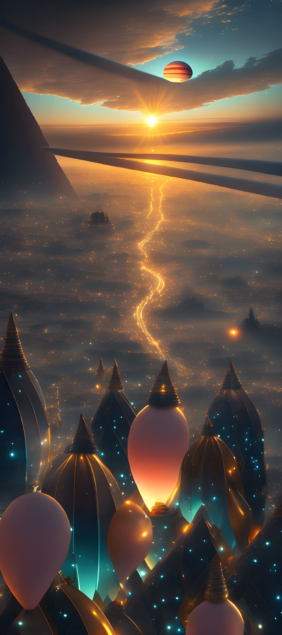 Futuristic glowing structures in fantastical landscape