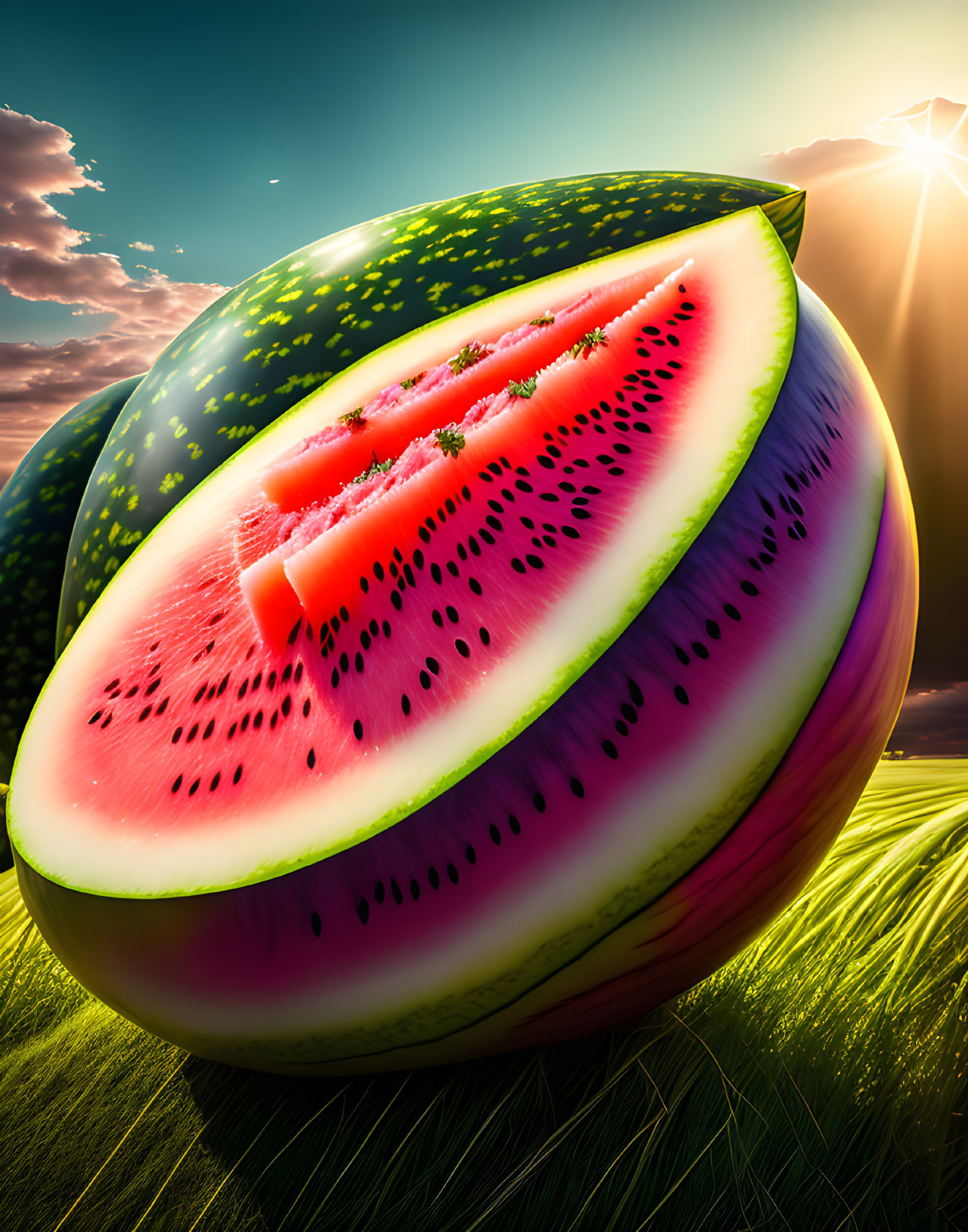 Ripe watermelons on grassy field with cut piece under radiant sun