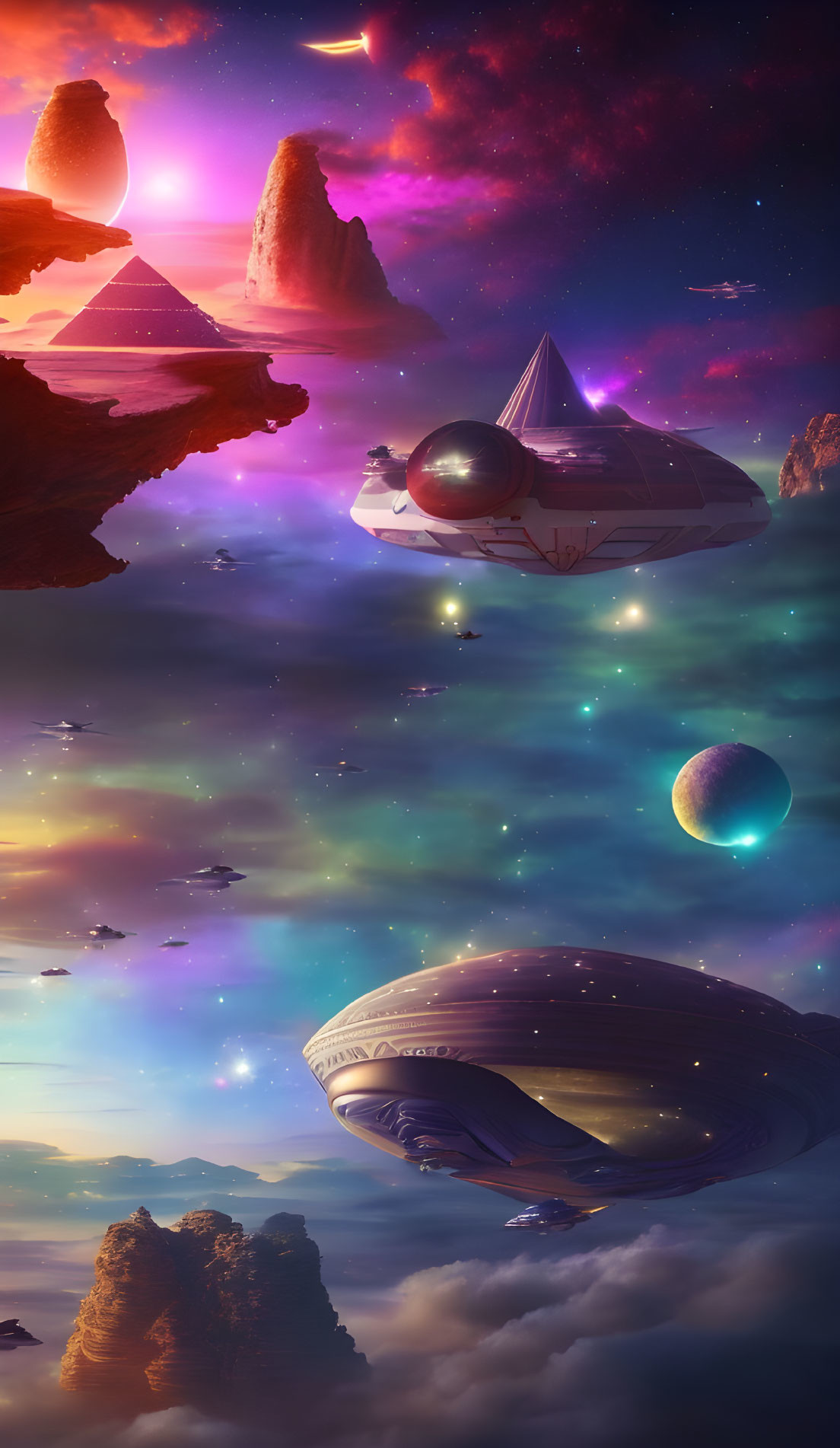 Vibrant cosmic scene with nebulae, spaceships, and alien landscapes