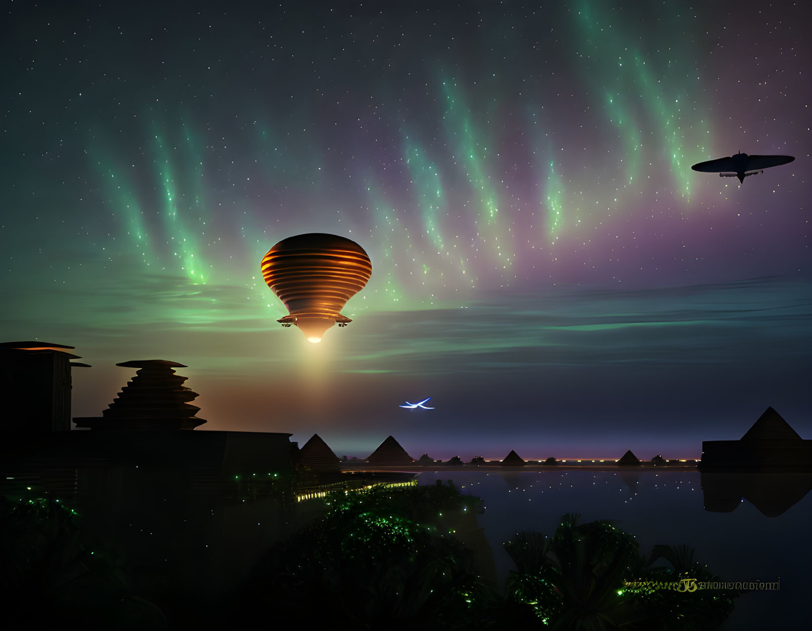 Nighttime cityscape with aurora borealis, hot air balloon, airplane, and water reflection