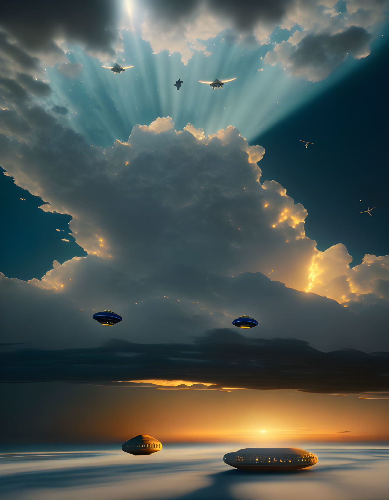 Dramatic Skyscape with Light Rays, Airships, and Golden Sunrise