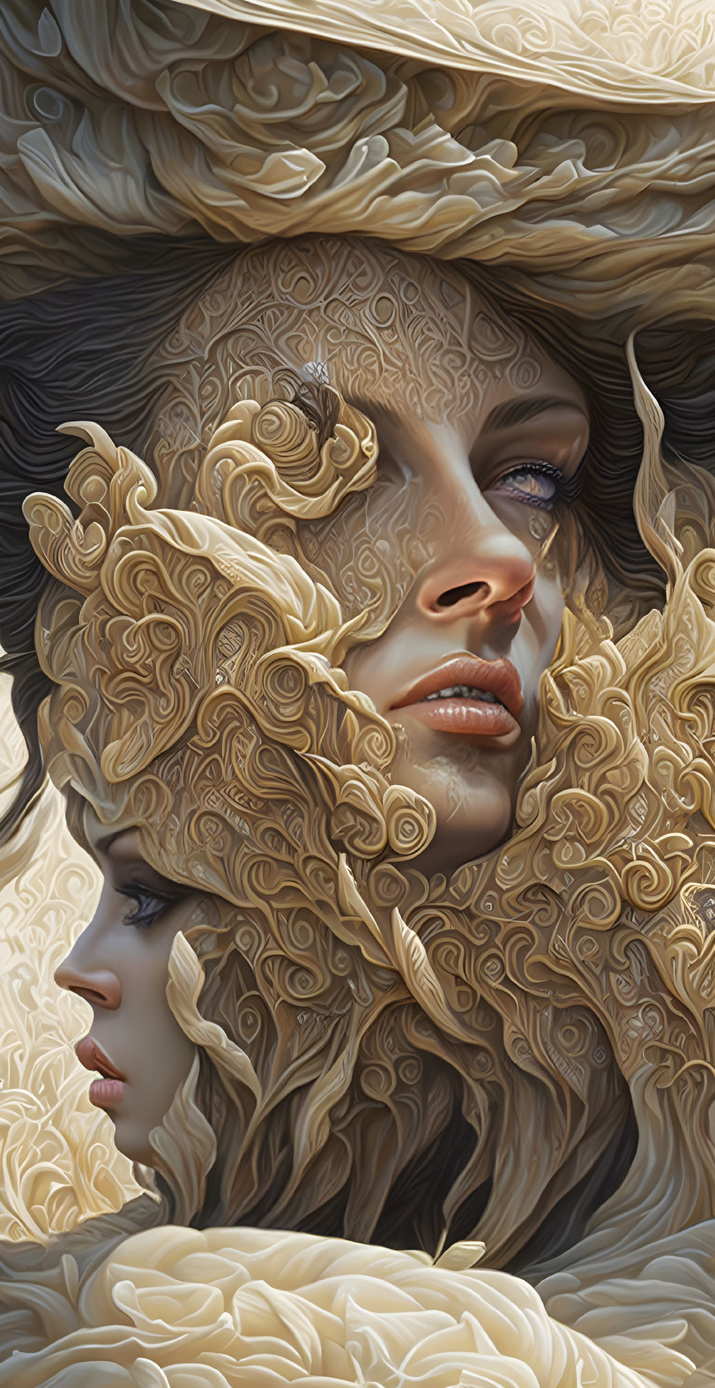 Intricate golden swirls feature two serene female faces in ornate patterns