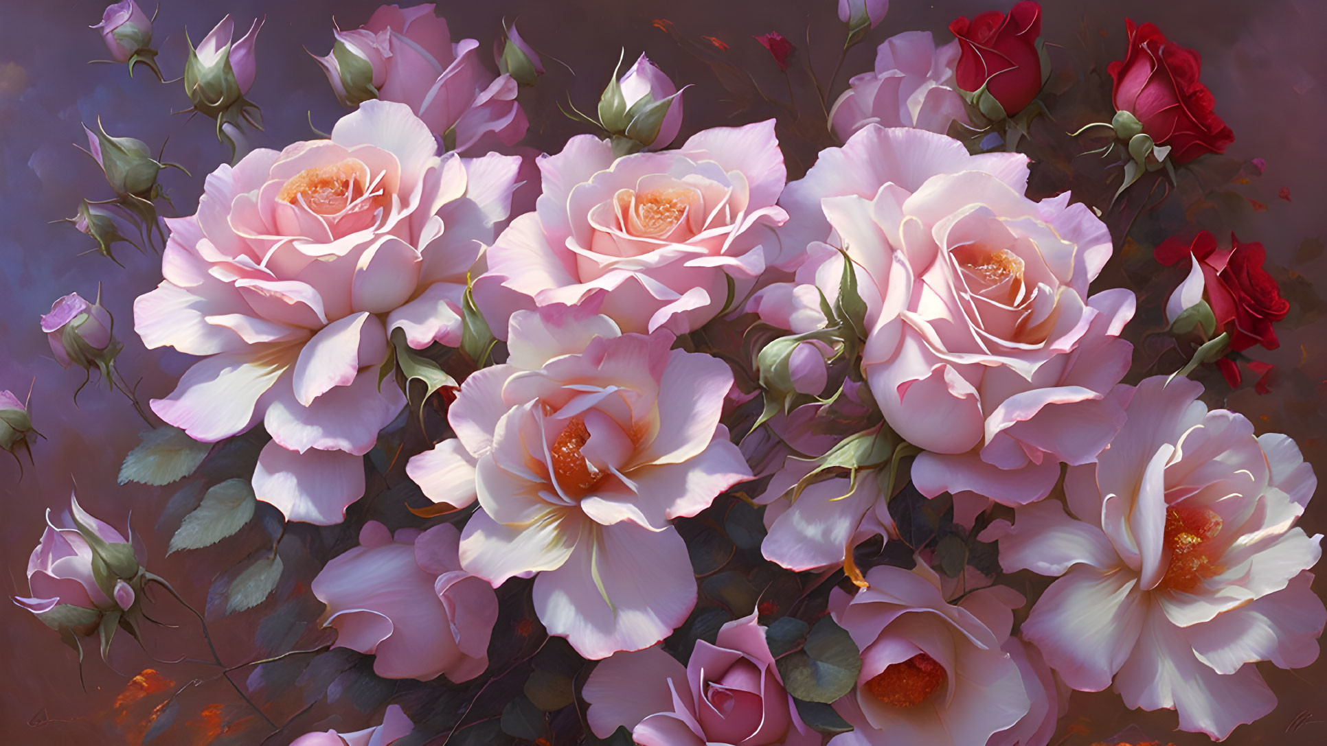 Colorful painting of pink and red roses on dusky backdrop