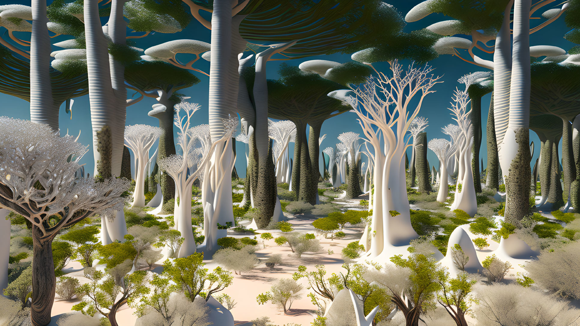 Surreal forest with towering tree-like structures and disc-like canopies