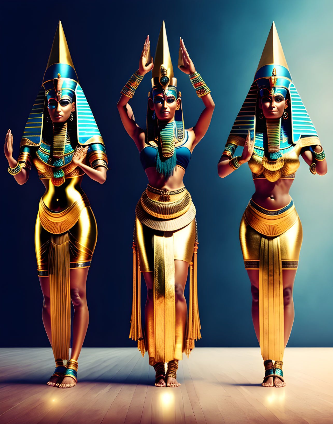 Ancient Egyptian figures in ceremonial regalia pose dramatically