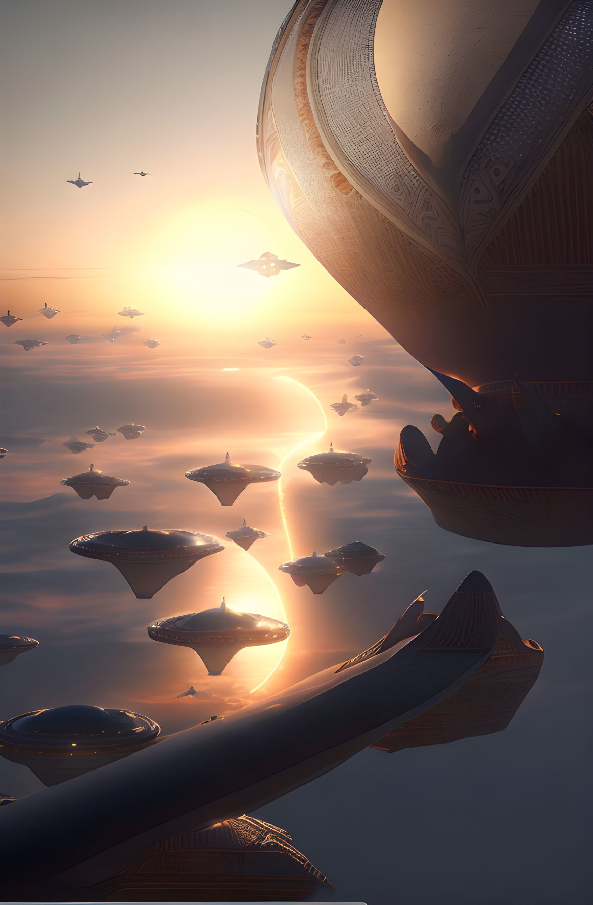 Intricate futuristic airships above clouds at sunset