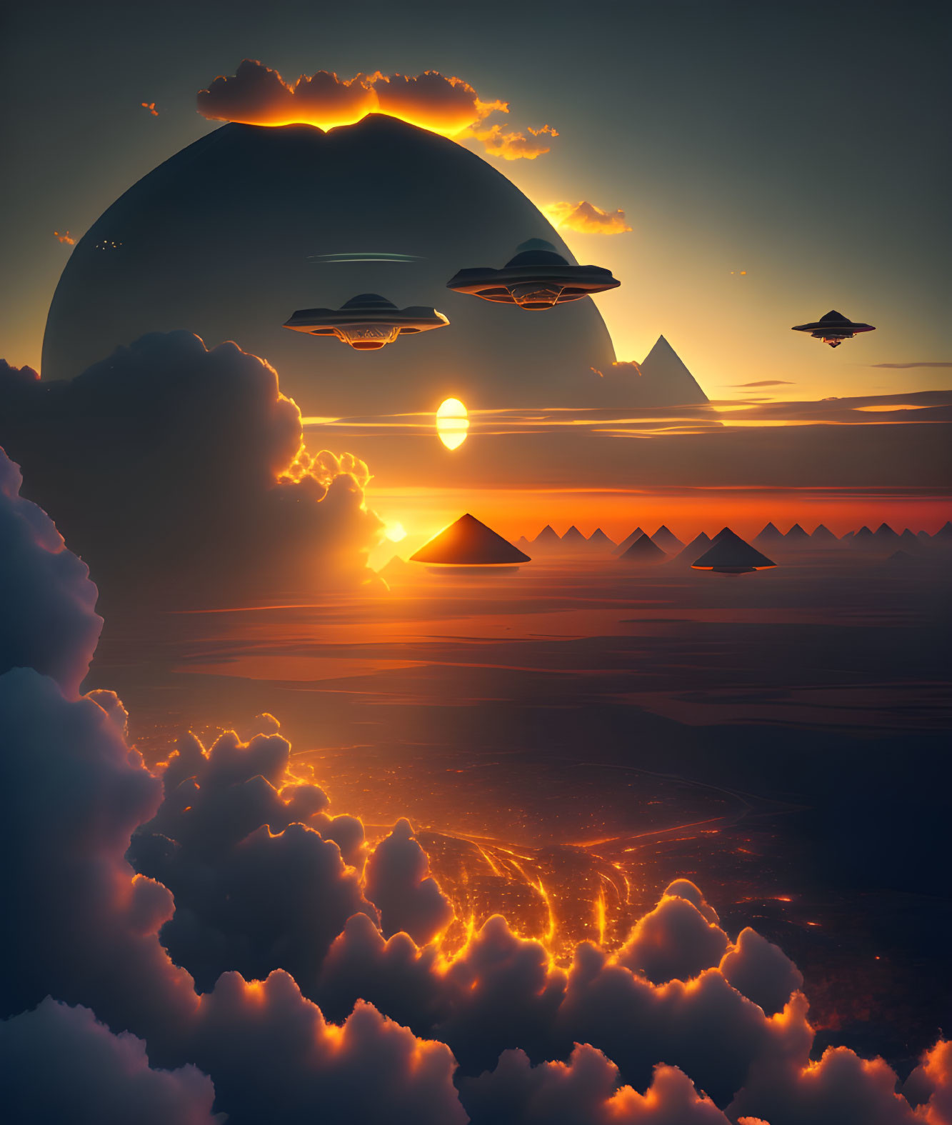 Surreal sunset landscape with pyramids, flying crafts, and large planet in sky