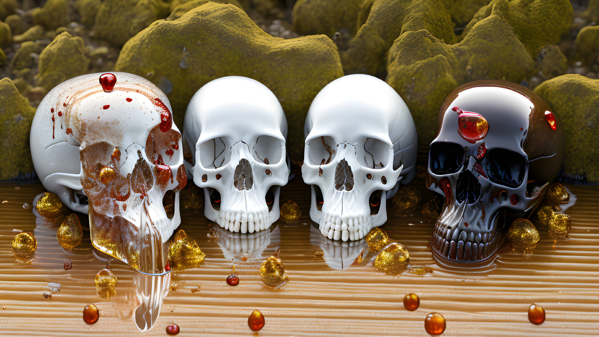 Four human skulls with melting candles on striped surface, yellow spongy forms, and amber-like dro