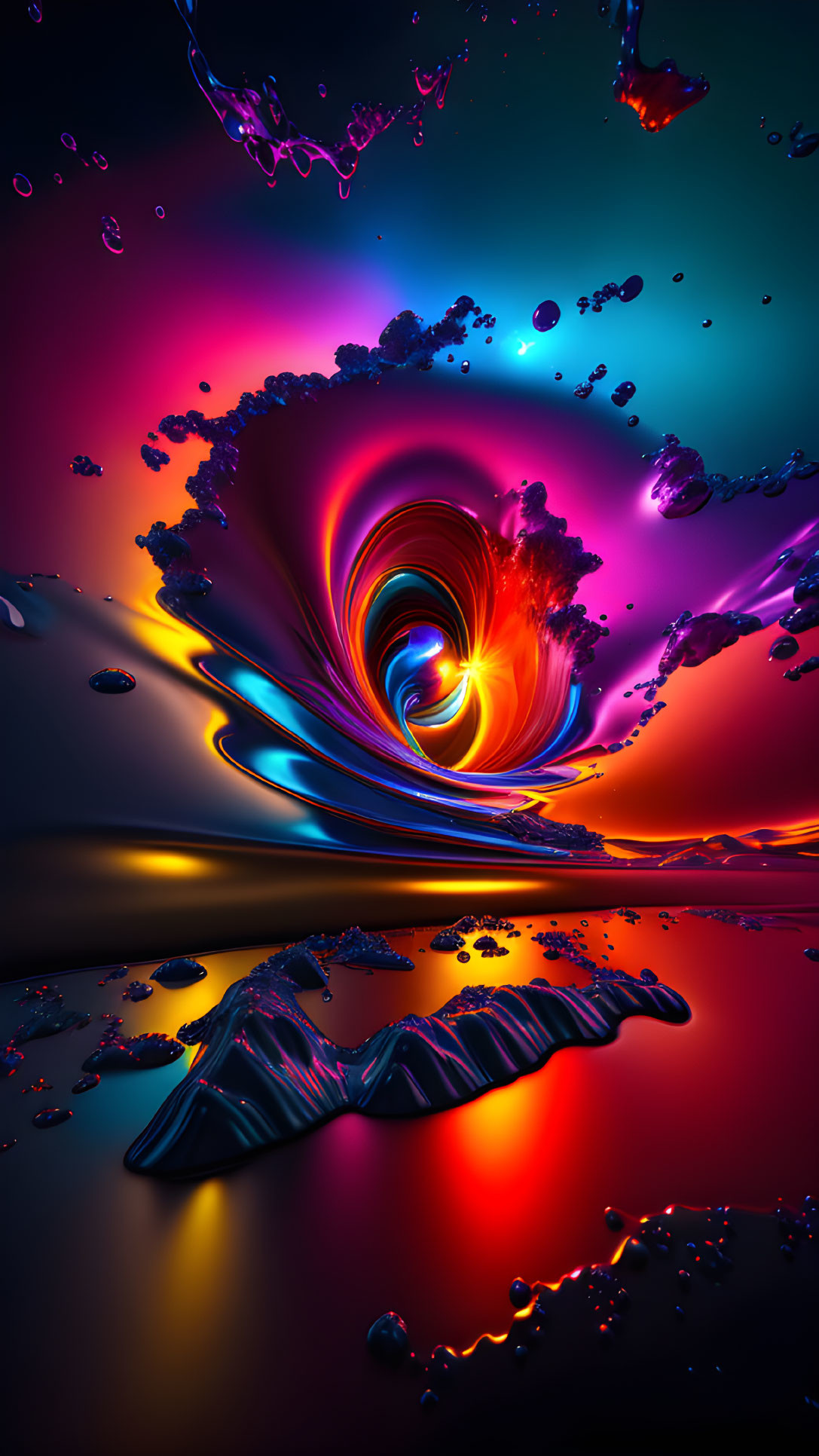 Colorful Abstract Swirl with Splashes and Droplets on Dark Background