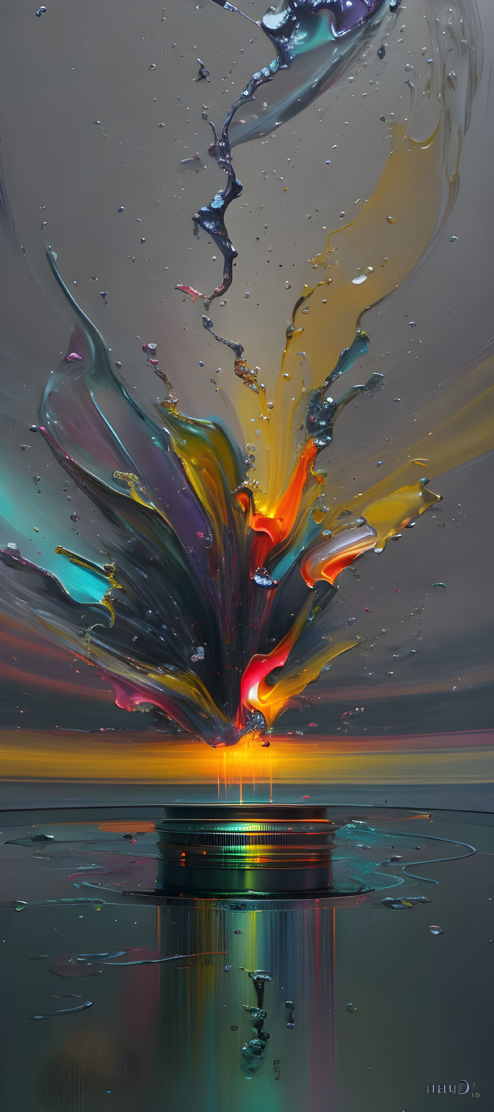 Abstract Multicolored Liquid Splash on Gray Background