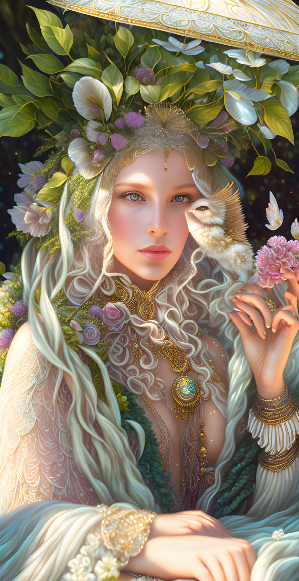 Ethereal woman with wavy hair and ornate jewelry interacts with a bird under a whimsical