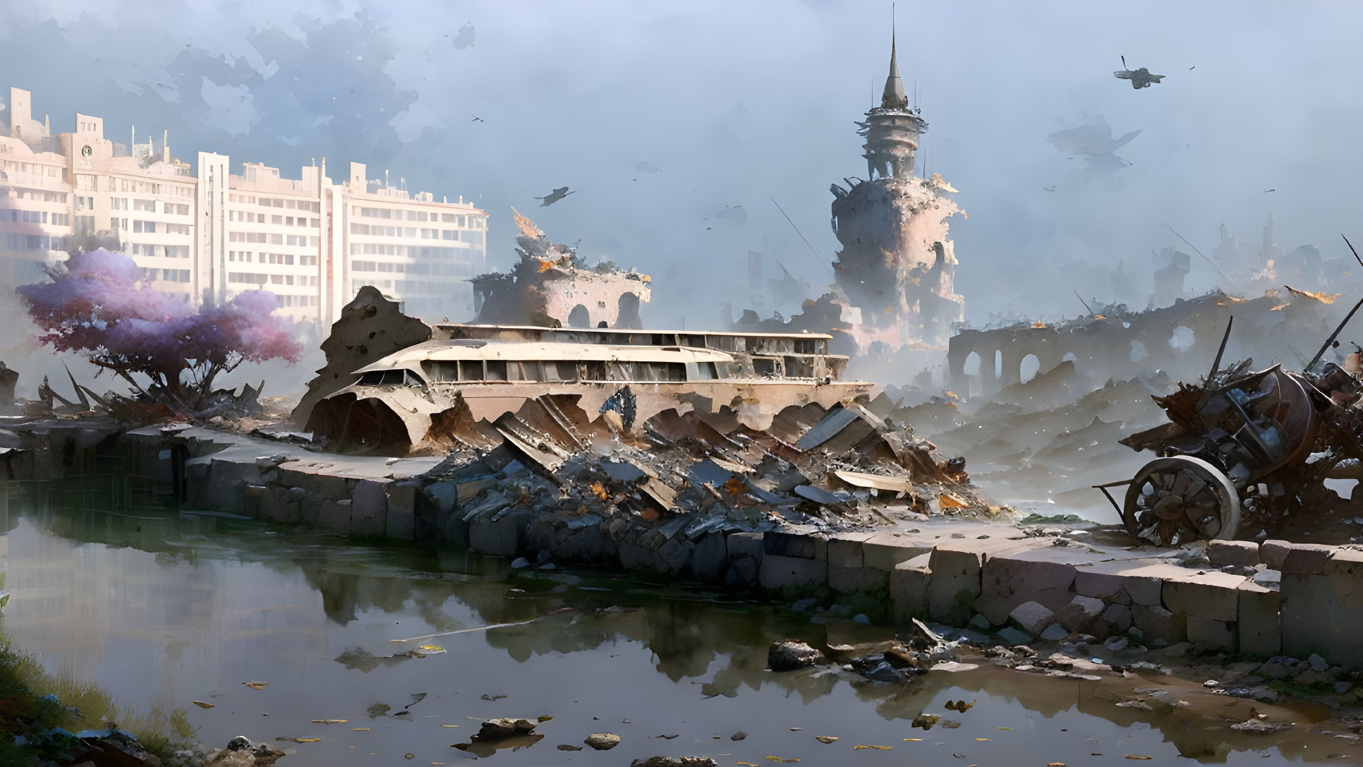 Dystopian cityscape with crumbling buildings and destroyed tower by calm water