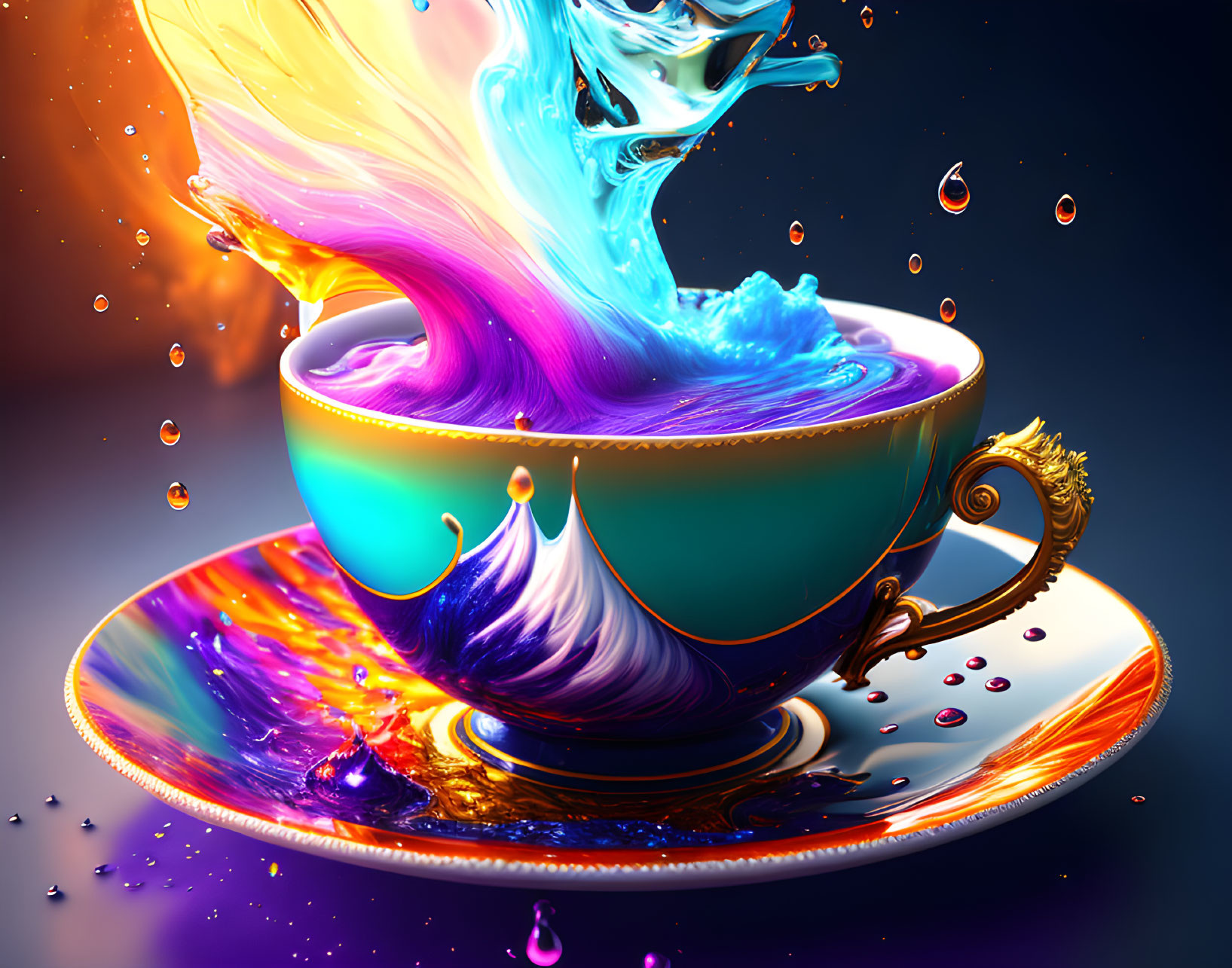 Colorful digital artwork: Cup with splashing orange and blue liquid.