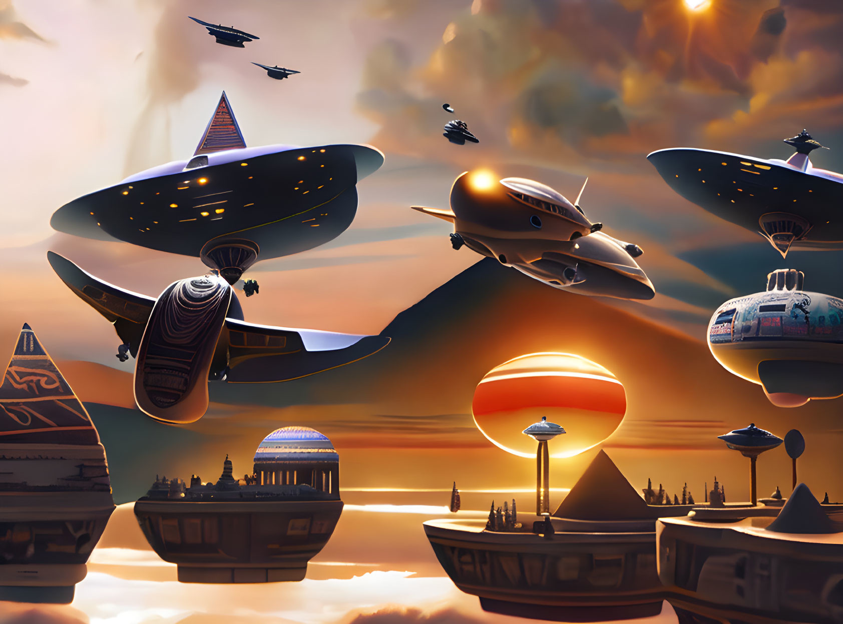 Retro-futuristic cityscape with flying vehicles and tall buildings at sunset