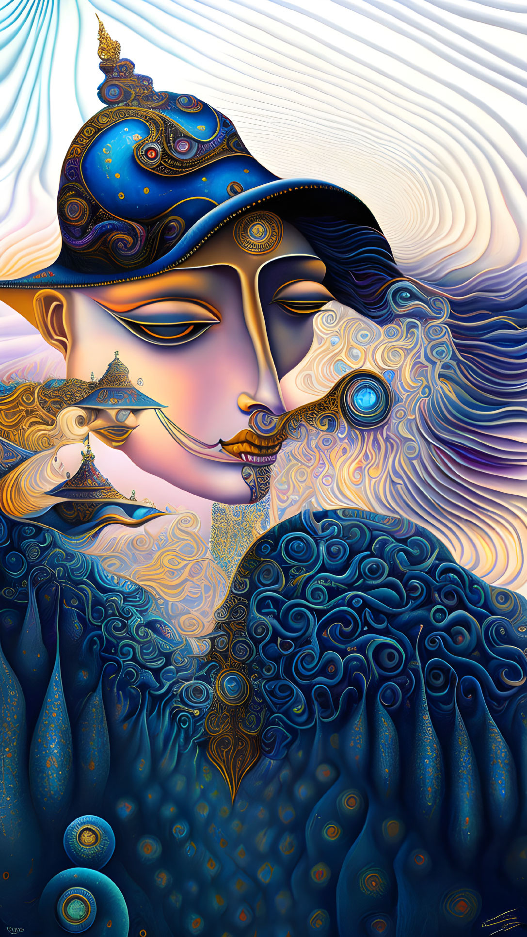 Colorful digital art: stylized figure with blue and gold patterns holding an ancient lamp.