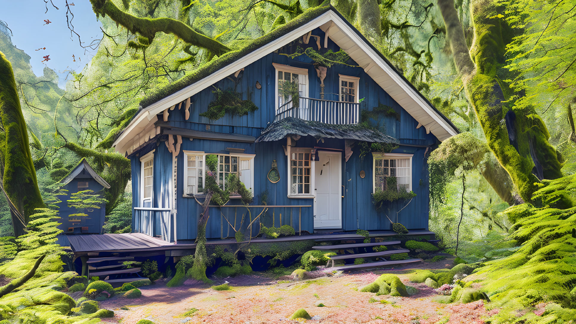 Blue Cottage in Lush Green Forest with Moss-Covered Trees