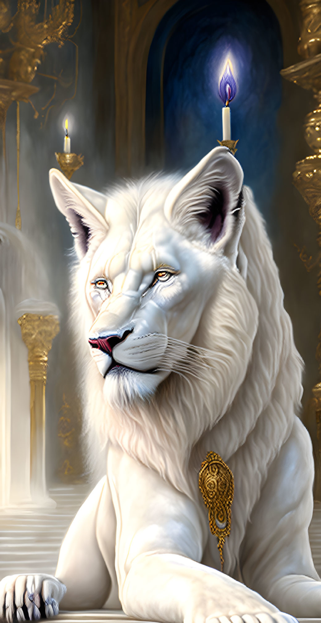 White lion with gold earring in candlelit chamber with golden pillars