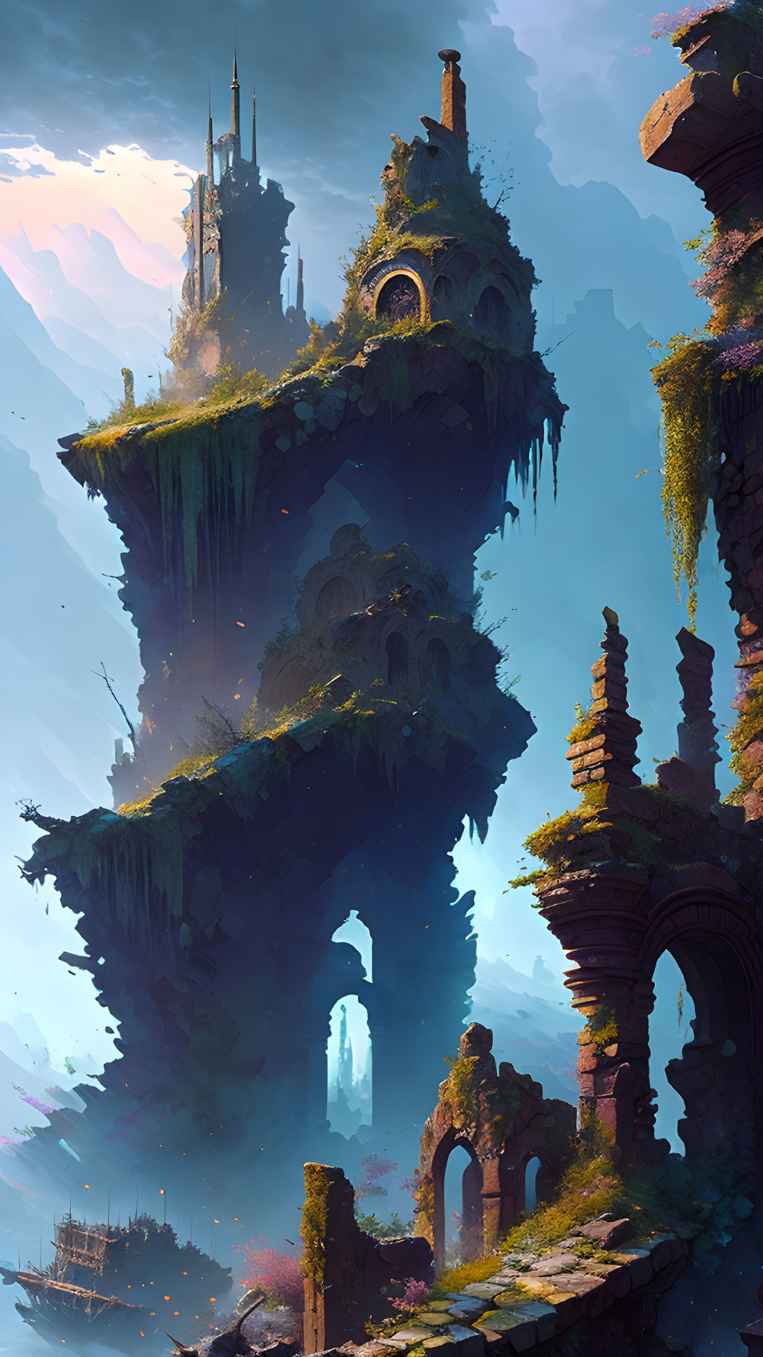 Mystical floating islands with ancient ruins and lush vegetation under a soft blue sky