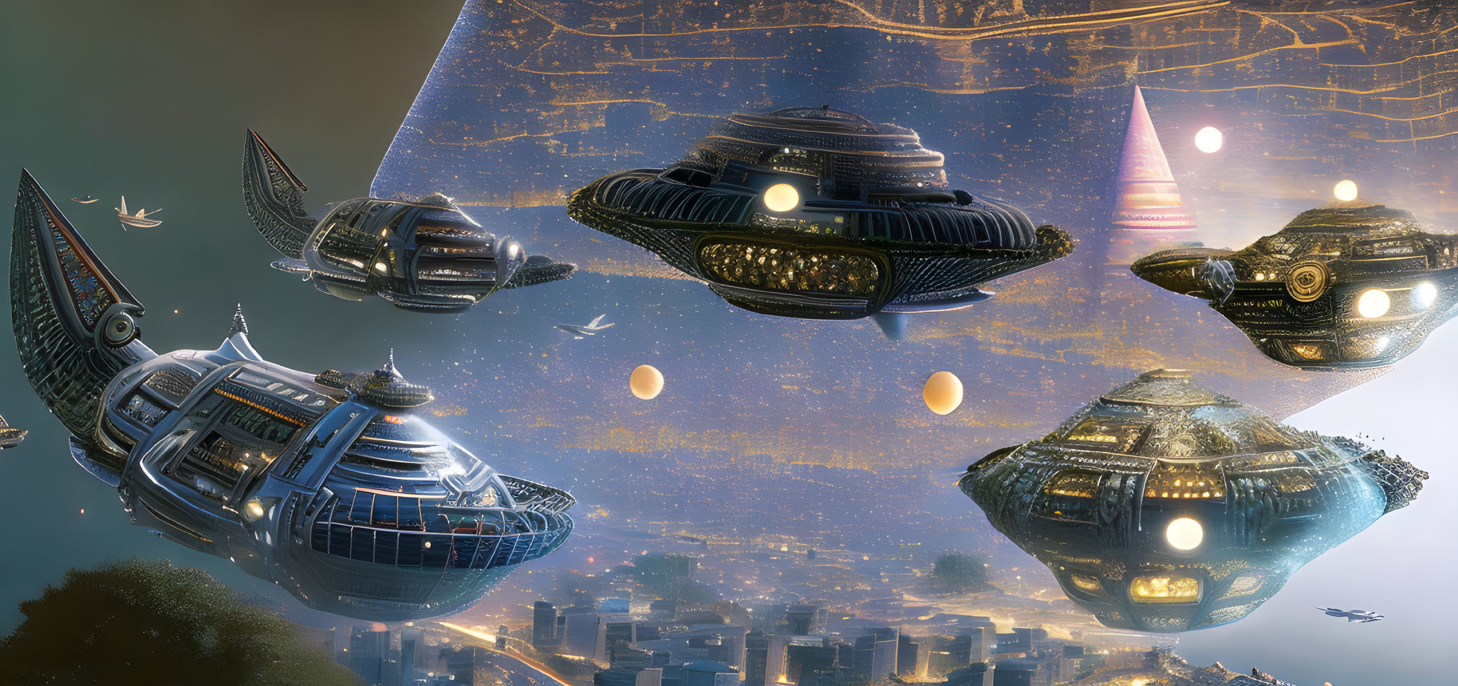 Futuristic cityscape with flying saucers and pyramids under starry sky