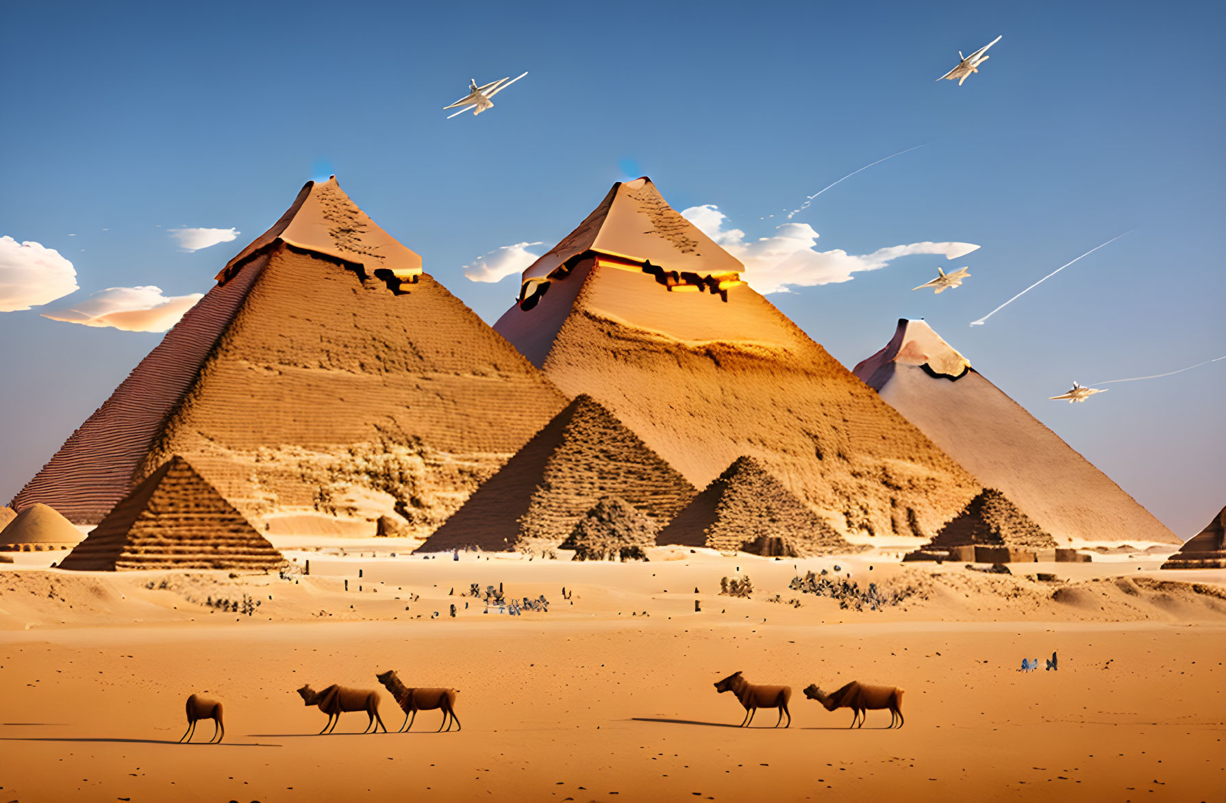 Ancient pyramids with capstones, camels, people, and shooting stars captured in a serene