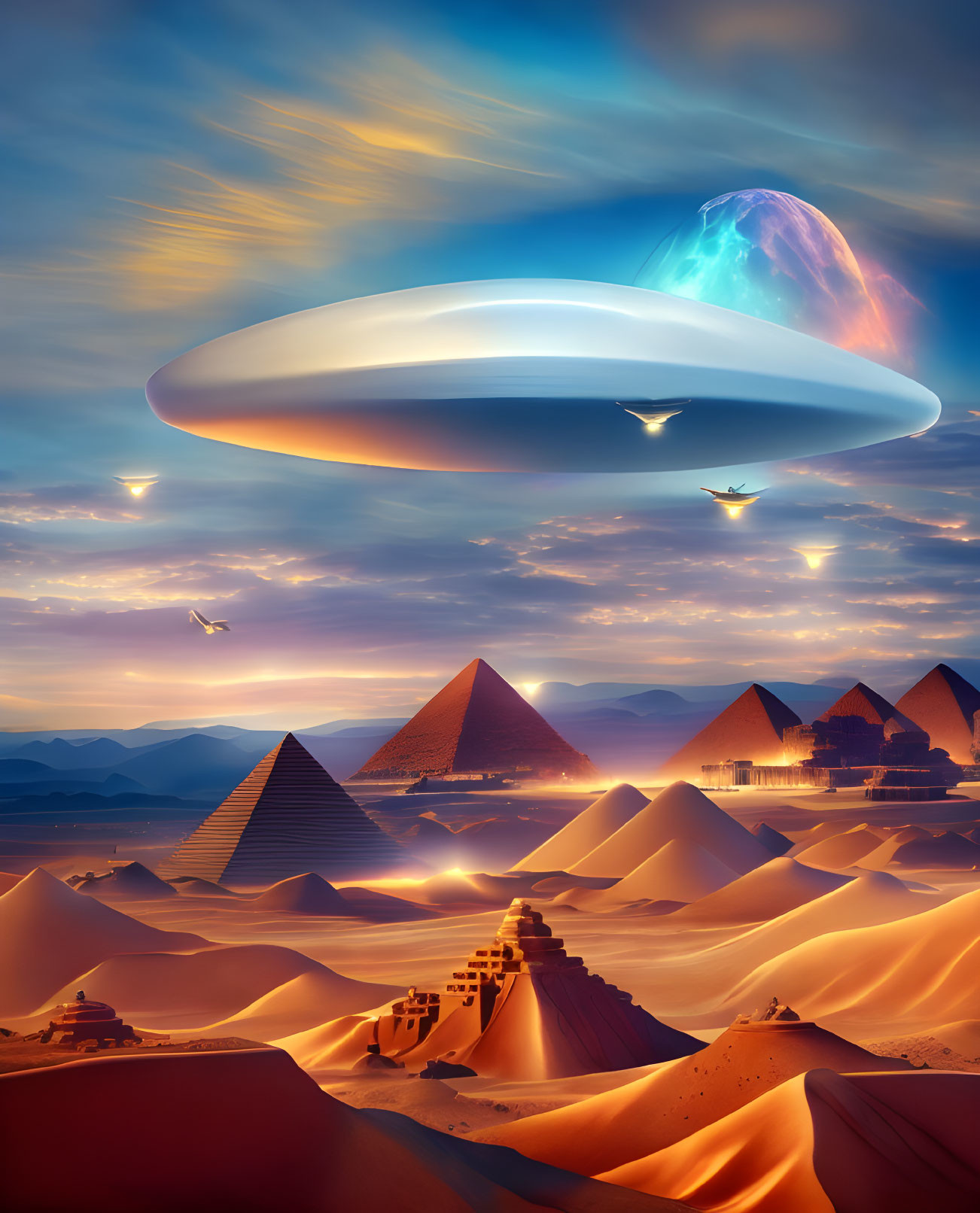 Majestic UFO above Egyptian pyramids in desert landscape