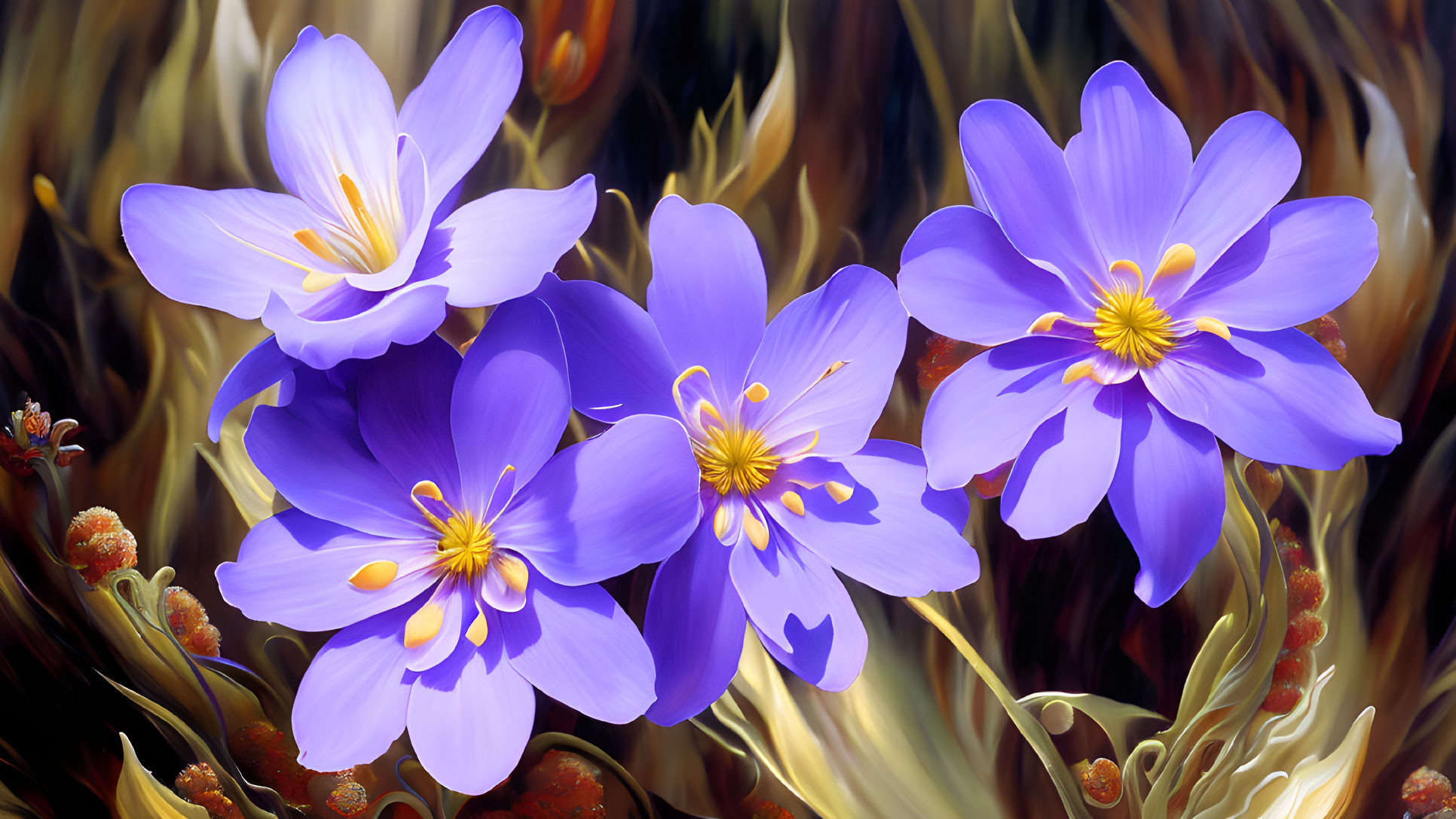 Vibrant purple crocus flowers with yellow stamens in full bloom against swirling autumn background