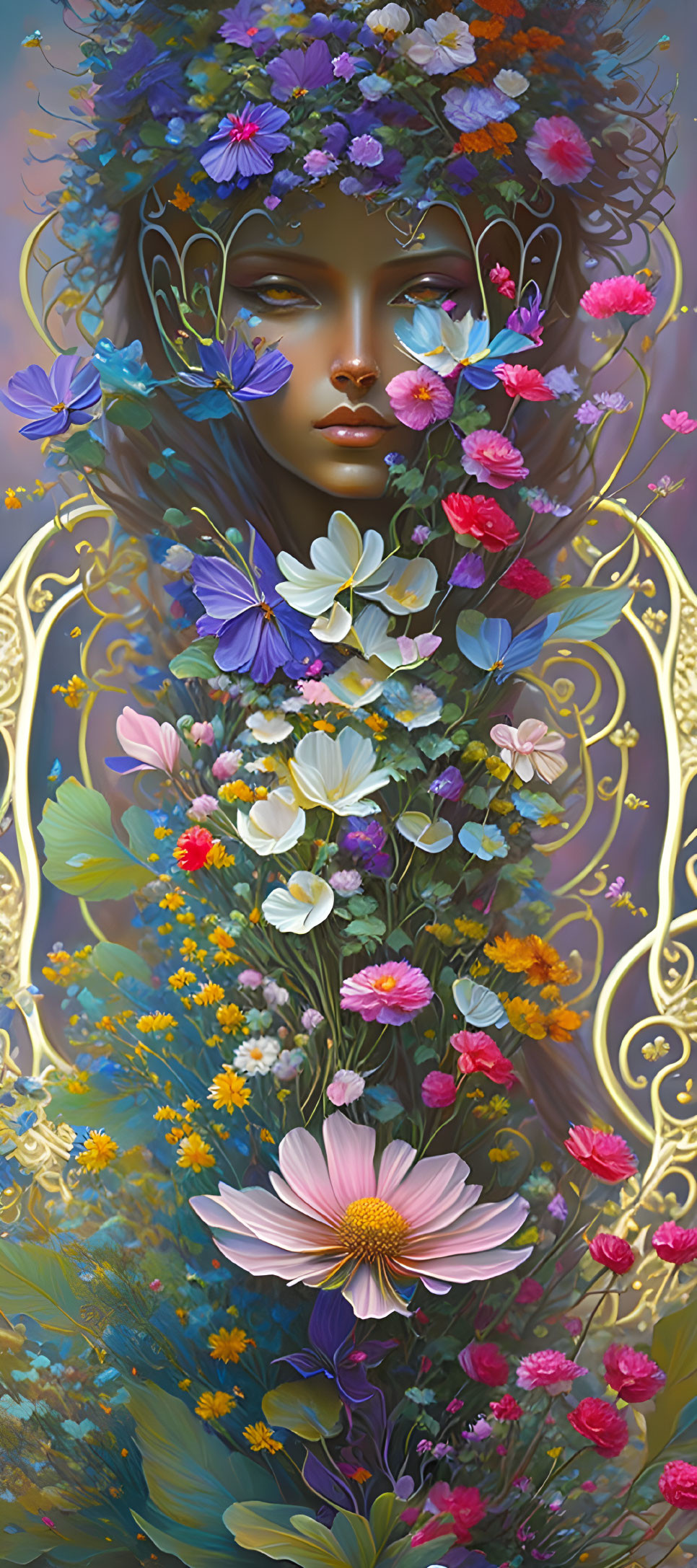 Colorful Woman Illustration Surrounded by Flowers and Ornate Frame