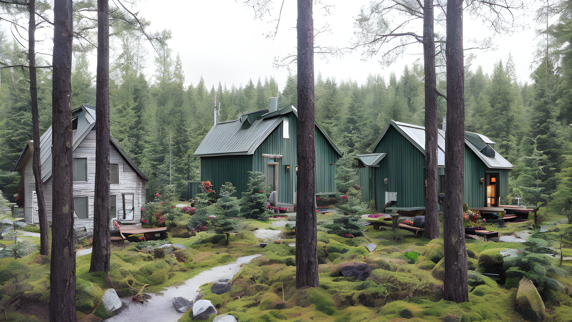 Rustic cabins nestled in forest with stream and gardens