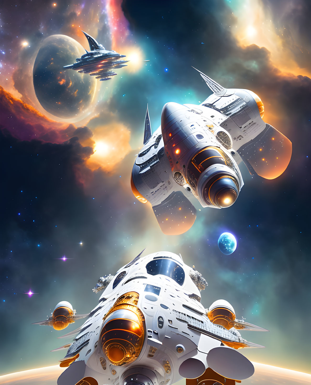 Futuristic spacecrafts in cosmic sky with stars, planets, and distant moon