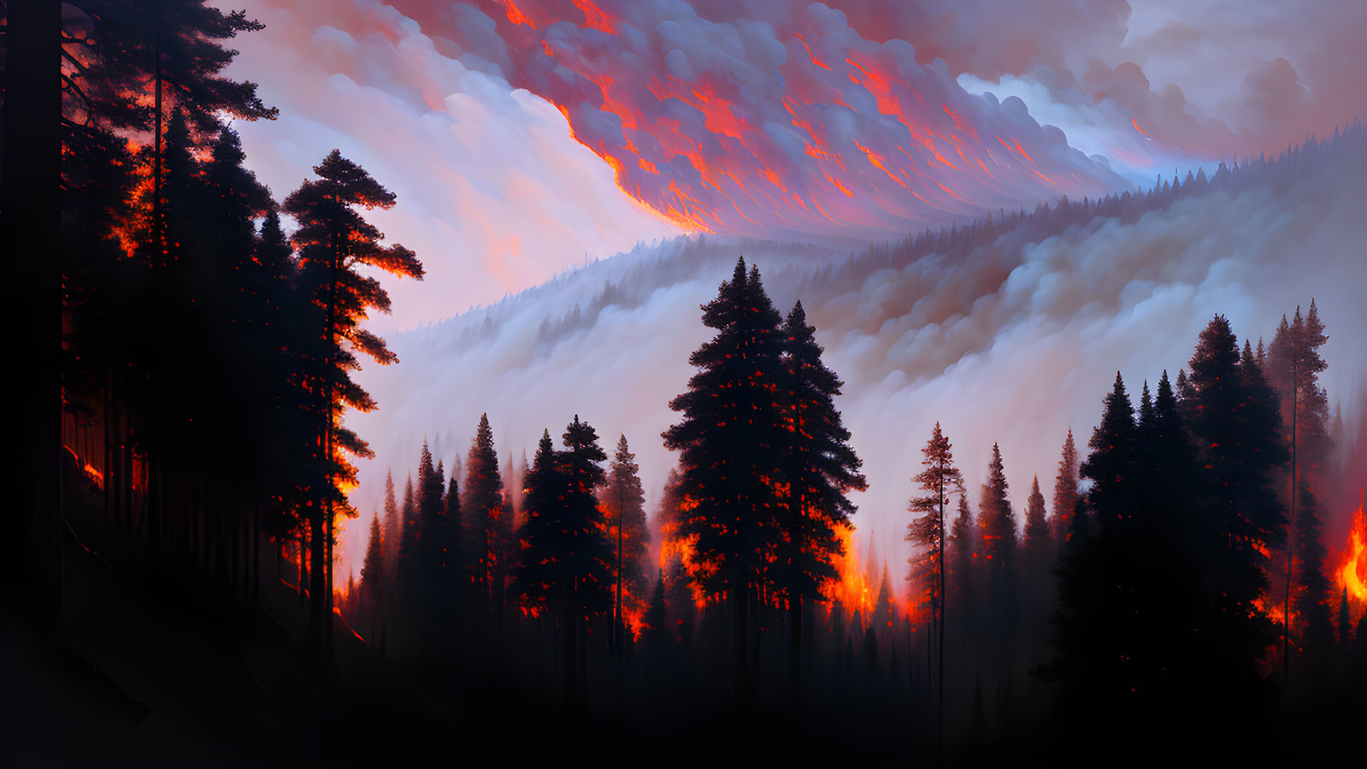 Silhouetted pine trees in fiery red and orange sky with mist over dark forest