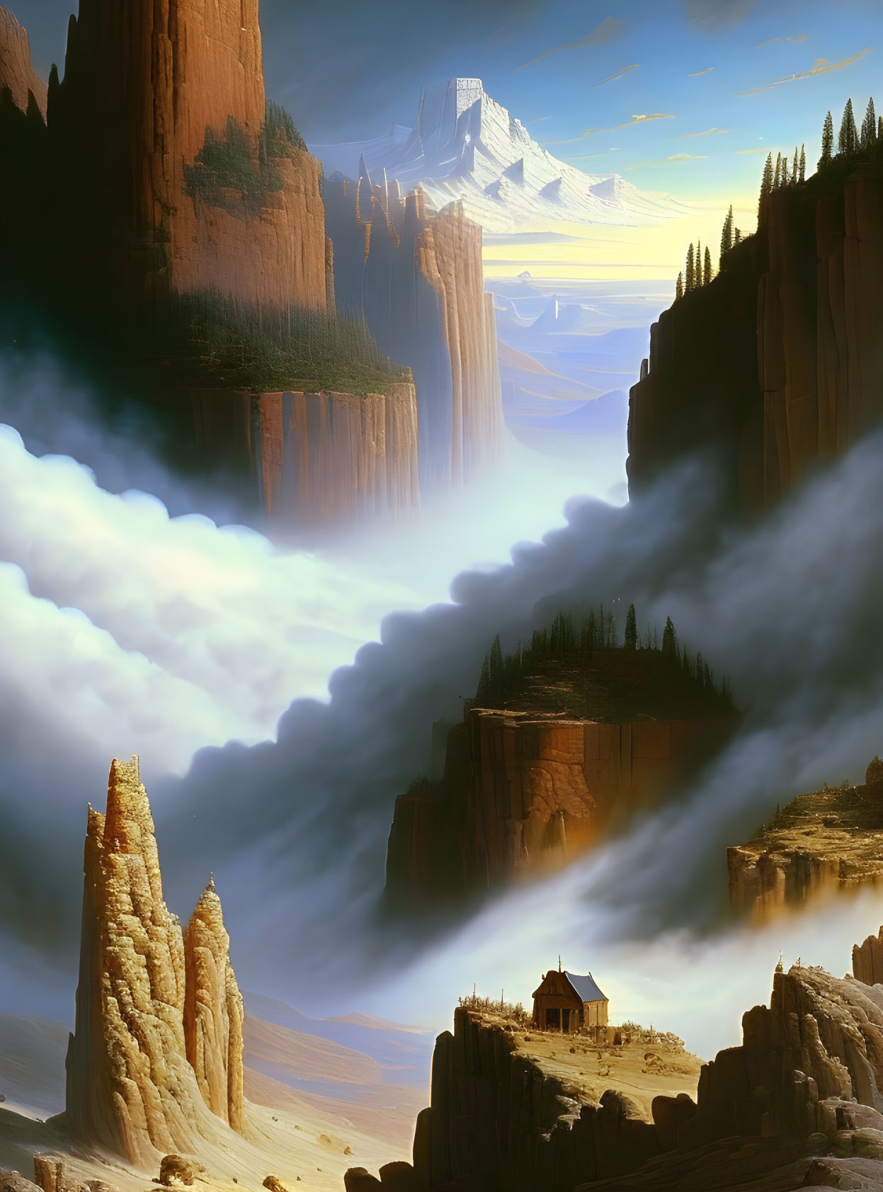 Fantasy landscape with towering rock formations and small house on precipice