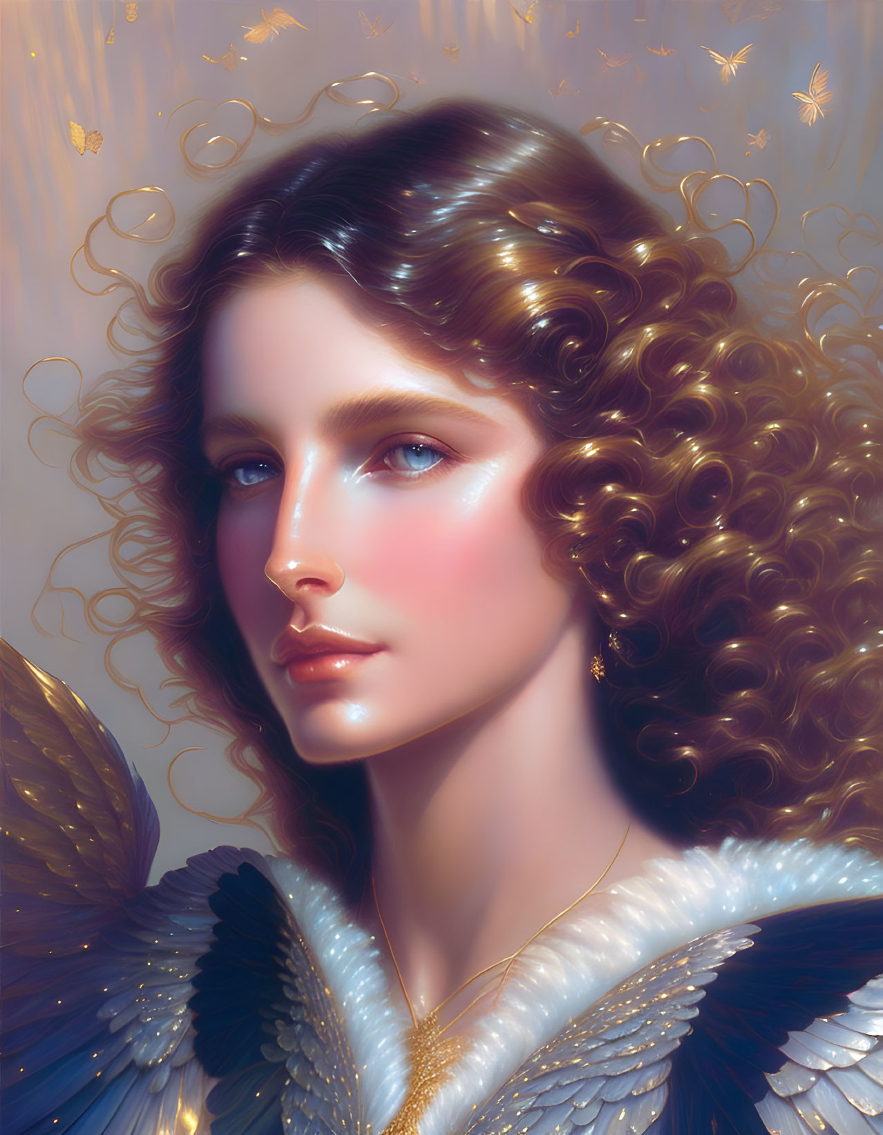 Digital art portrait of woman with curly hair, blue eyes, feathers, golden butterflies, soft backdrop