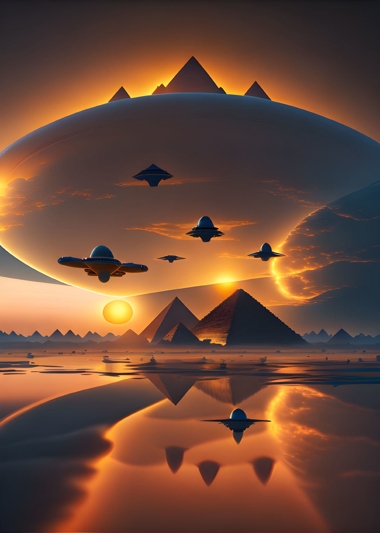 Surreal sunset scene: pyramids, flying saucers, giant planet, reflective water