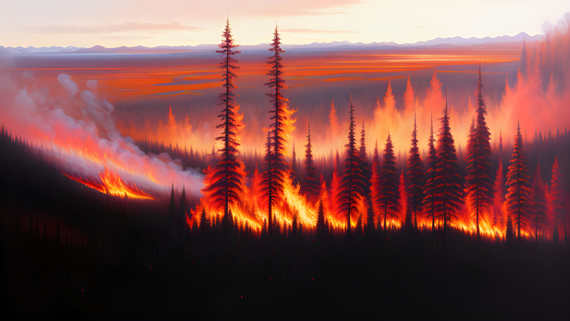 Dramatic sunset wildfire in forest with vibrant flames