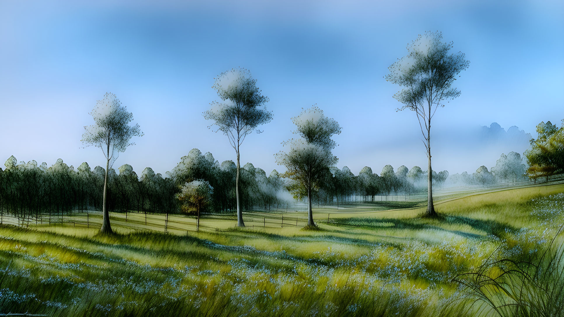 Tranquil landscape with delicate trees, white flowers, and mist