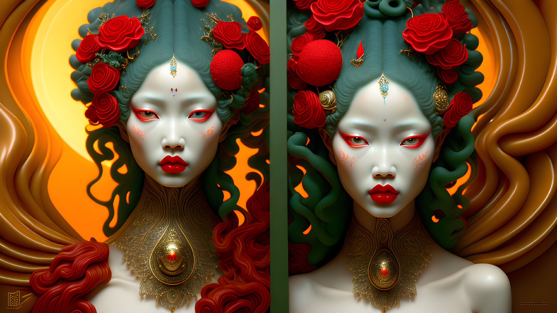 Digital artwork featuring figure with green skin, red eyes, ornate gold and red adornments.