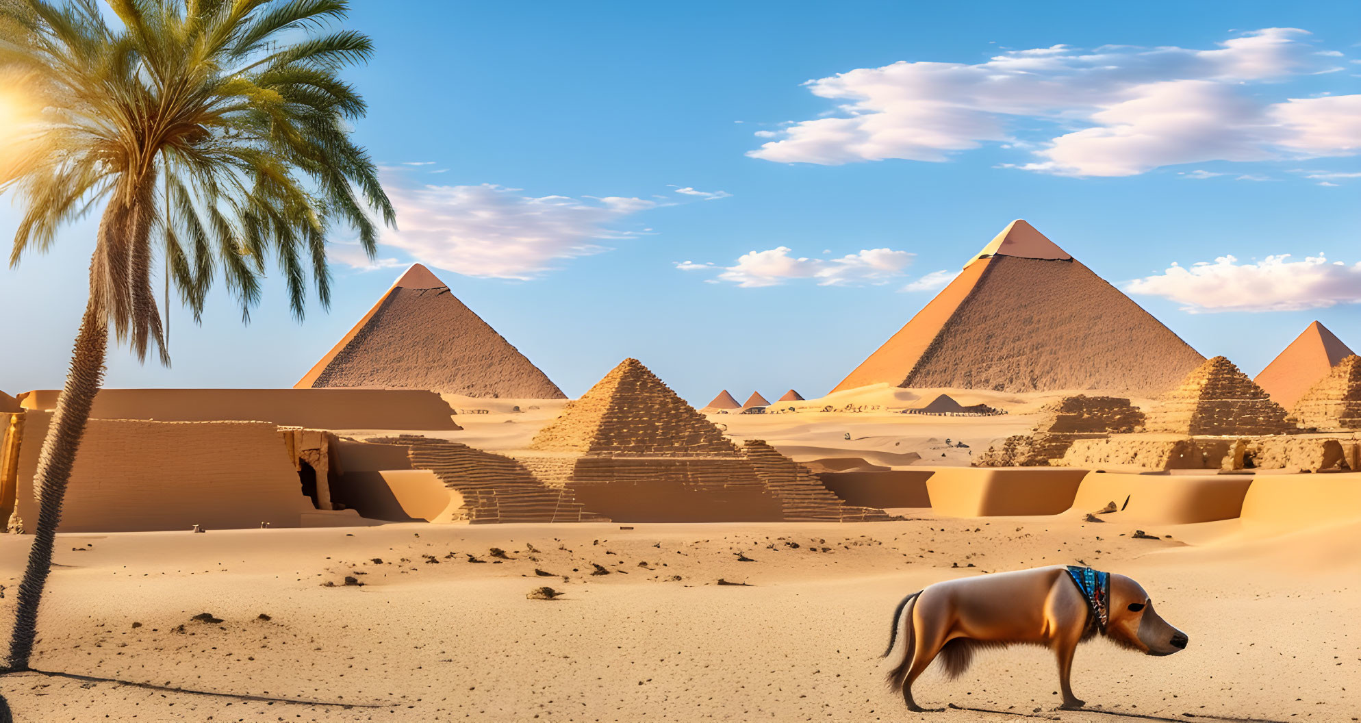 Blue Scarfed Dog Walking Through Desert Landscape with Pyramids