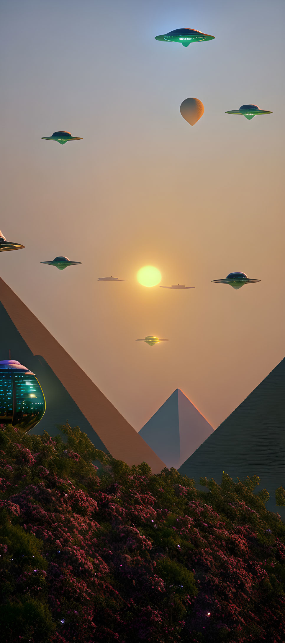 Futuristic landscape with UFOs, setting sun, pyramids, mountains, dome structure, pink