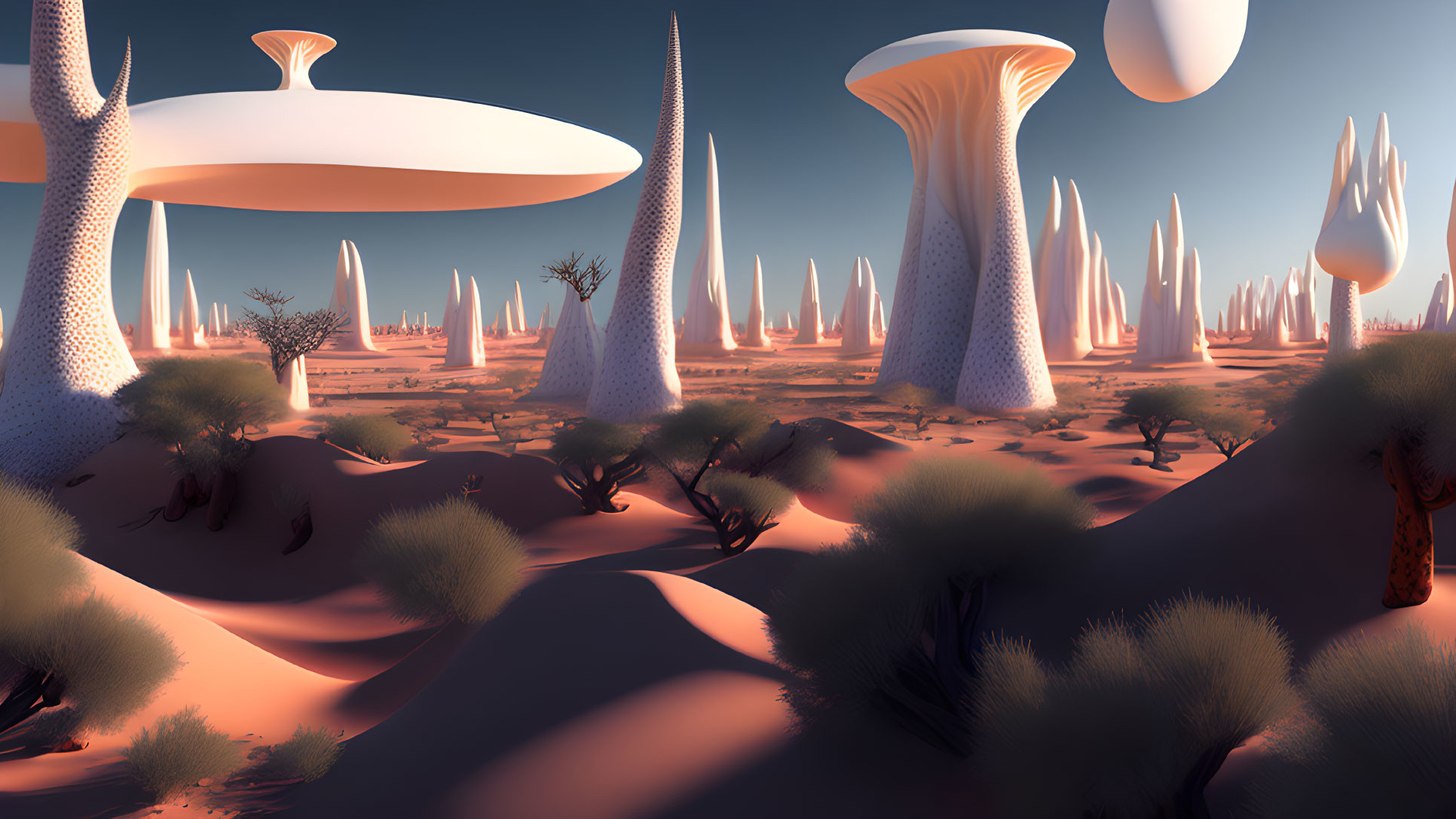 Fantastical desert landscape with mushroom-like structures and floating islands