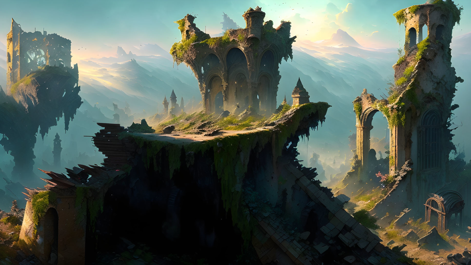 Mystical floating islands with arches and towers in dreamy sky