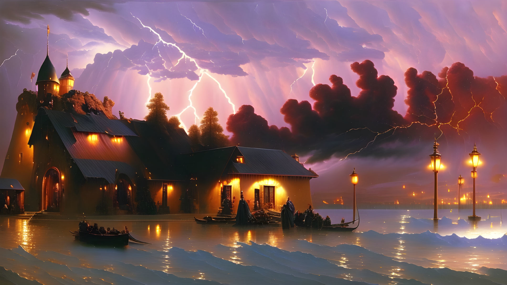 Village by Water: Dramatic Sky with Lightning, Church, Boats, Street Lamps