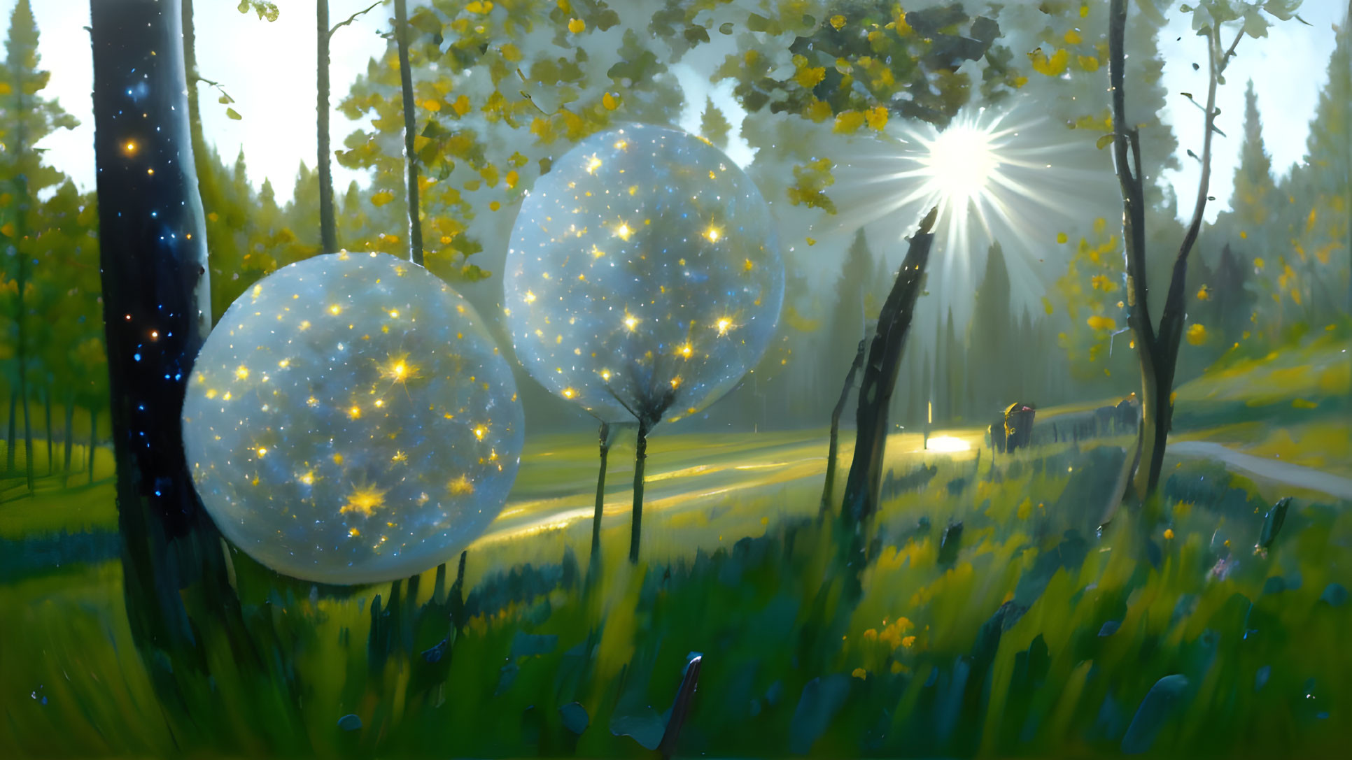 Enchanting forest scene with glowing orbs, figure, and sunbeams